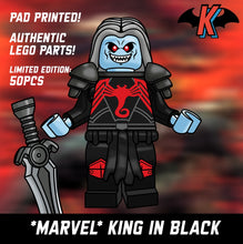 Load image into Gallery viewer, ‘King in Black’ Custom LEGO Minifigure (pad printed)